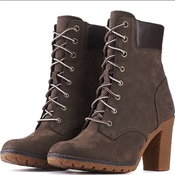 TIMBERLAND Glancy Heeled Boot Brown Lug Sole Lace Up 7.5 LIKE NEW Revolve 6” - Picture 1 of 14
